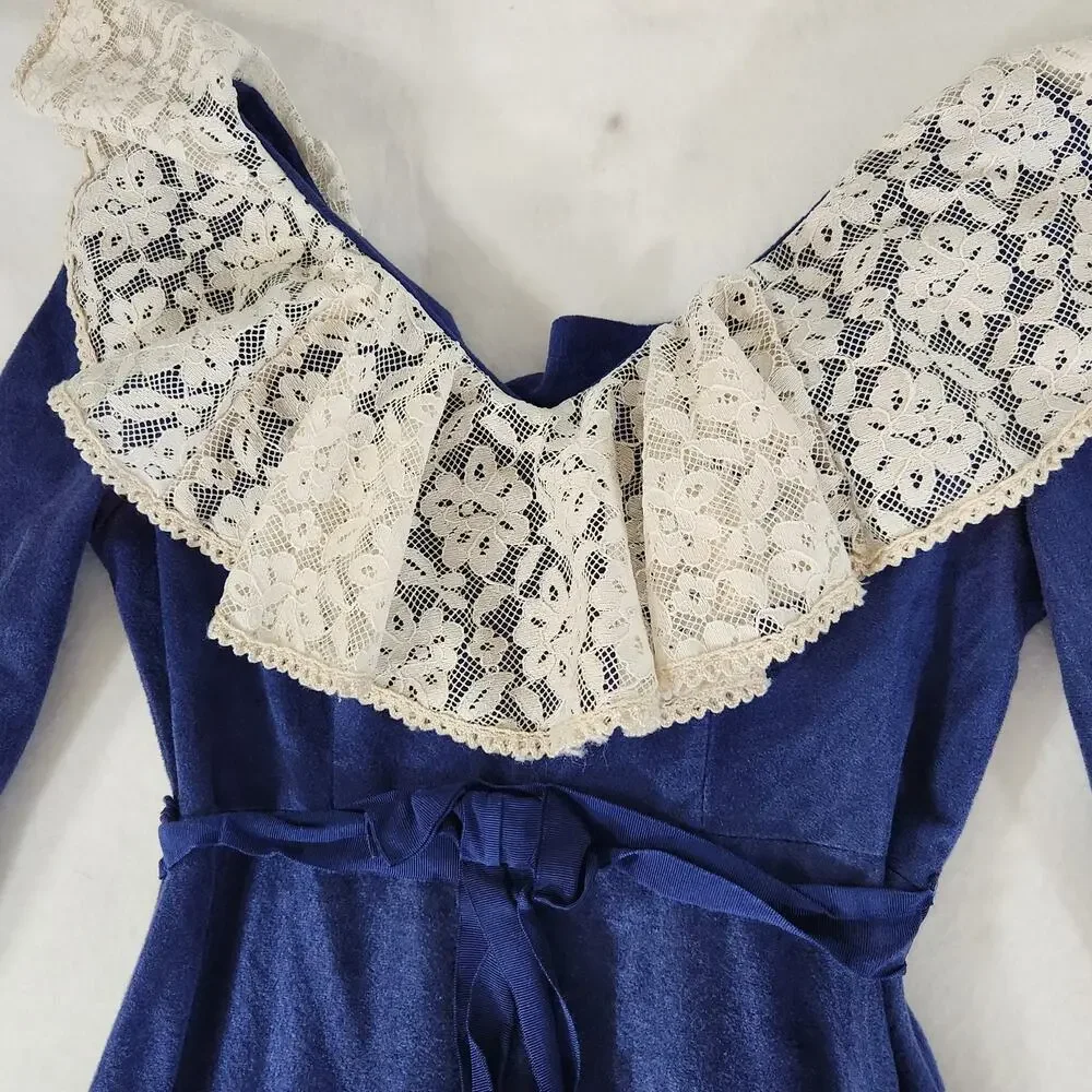 Vtg 70s Velvet Maxi Dress Lace Yoke Ruffle Tiered Tie Empire Waist Jerusalem